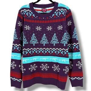 Retro Rifle Ugly Christmas Sweater Mens Sz XL Guns Ammo Purple Turquoise Cotton